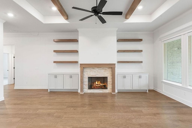 909 Budrio Ave, Tontitown, AR 72762 - unfurnished living room with light wood-type flooring, baseboards, plenty of natural light, recessed lighting, and beamed ceiling