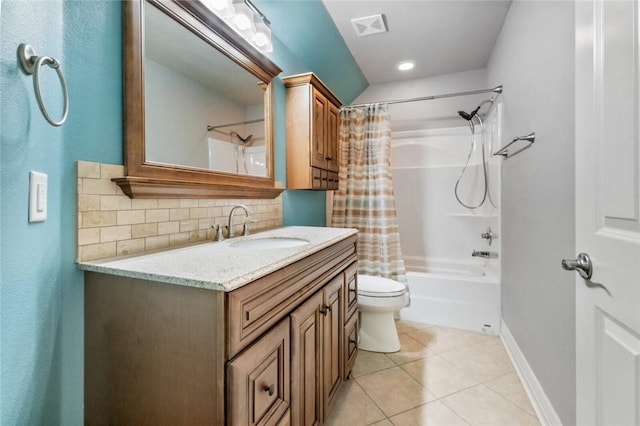 2306 SW Clover Ct, Bentonville, AR 72712 - bathroom featuring toilet, tasteful backsplash, shower / bath combo with shower curtain, vanity, and tile patterned floors