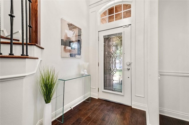 foyer with baseboards, a wealth of natural light, and dark wood-type flooring