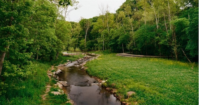 view of yard with a forest view