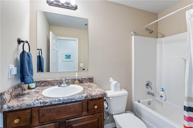 bathroom with toilet, shower / bathtub combination with curtain, and vanity