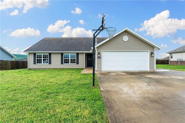 single story home with a garage, fence, driveway, and a front yard
