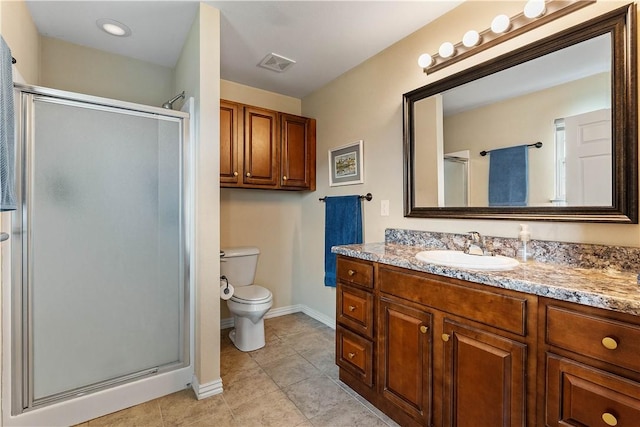 bathroom featuring vanity, toilet, tile patterned floors, a shower stall, and visible vents