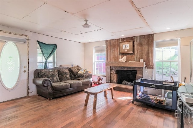 living room featuring a fireplace and hardwood / wood-style floors