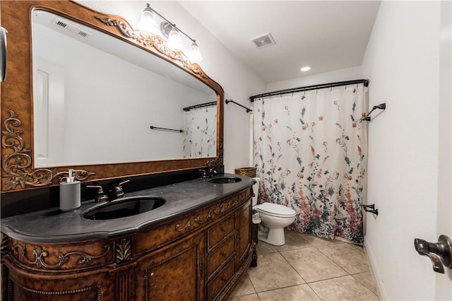 2915 N 15th Pl, Rogers, AR 72756 - full bathroom with tile patterned floors, toilet, double vanity, and curtained shower