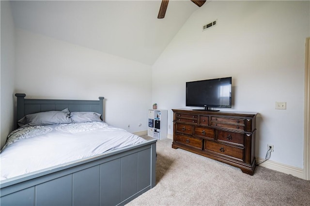 carpeted bedroom featuring baseboards, visible vents, ceiling fan, and high vaulted ceiling