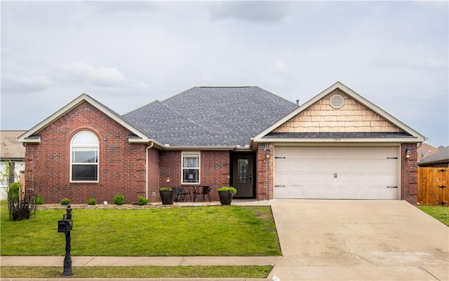 ranch-style home featuring a front lawn, fence, brick siding, concrete driveway, and an attached garage