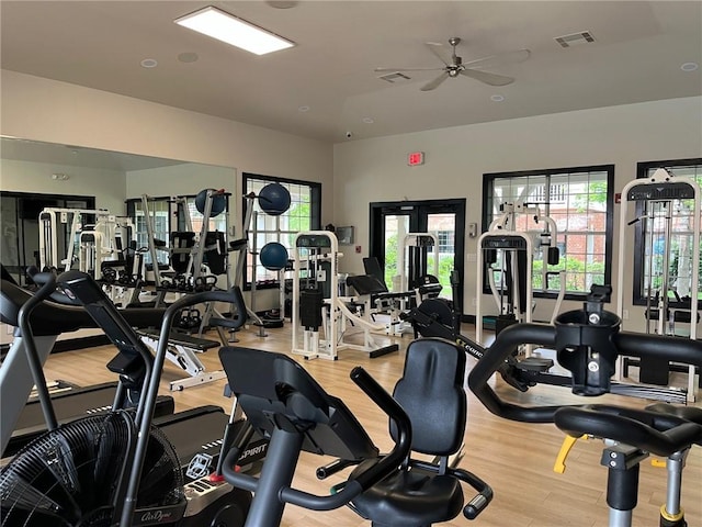 4261 Meadow Creek Cir Unit 204, Fayetteville, AR 72703 - workout area with visible vents, wood finished floors, and a ceiling fan