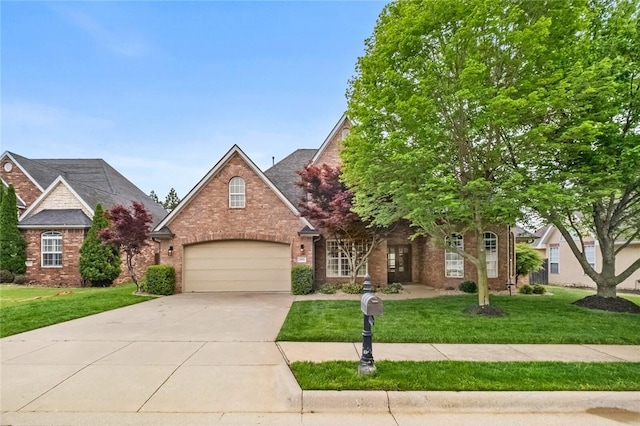 view of front of home featuring concrete driveway, a front yard, and brick siding