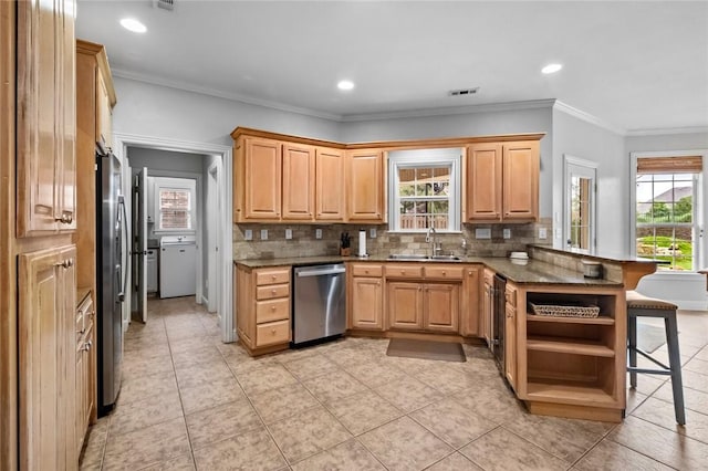 kitchen featuring appliances with stainless steel finishes, a sink, a kitchen breakfast bar, a peninsula, and tasteful backsplash