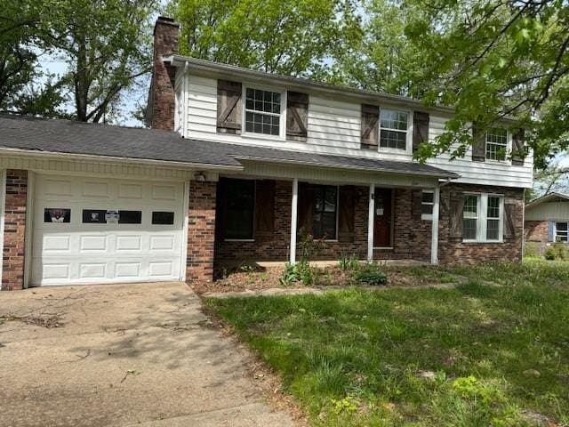 traditional home featuring brick siding, a garage, a chimney, covered porch, and driveway