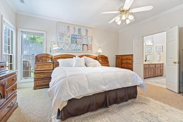 2 Breton Ln, Bella Vista, AR 72715 - bedroom featuring light carpet, ornamental molding, ensuite bath, and a ceiling fan