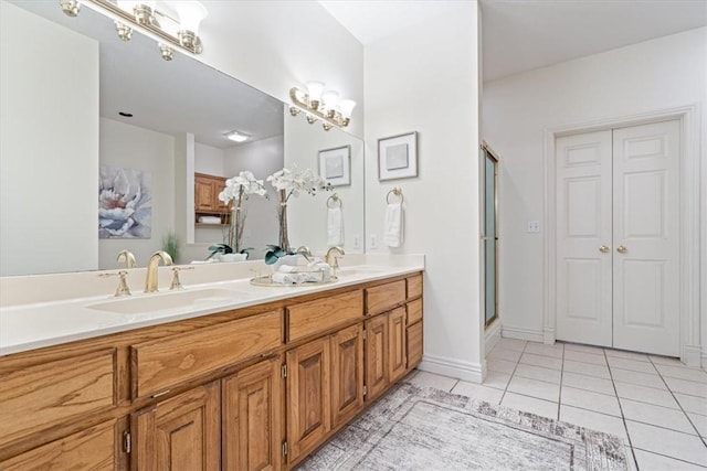 2 Breton Ln, Bella Vista, AR 72715 - bathroom featuring tile patterned flooring, a shower with door, double vanity, and baseboards