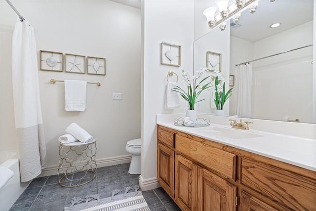 2 Breton Ln, Bella Vista, AR 72715 - full bathroom with toilet, vanity, shower / bath combo with shower curtain, tile patterned floors, and baseboards