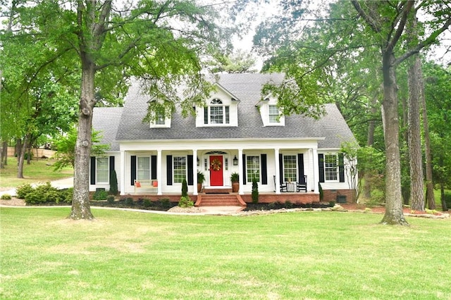 cape cod home featuring covered porch, a shingled roof, a front lawn, and crawl space