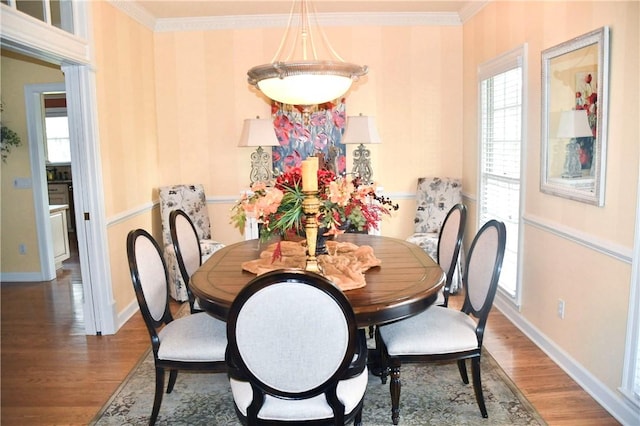 dining space with baseboards, ornamental molding, wood finished floors, and a wealth of natural light