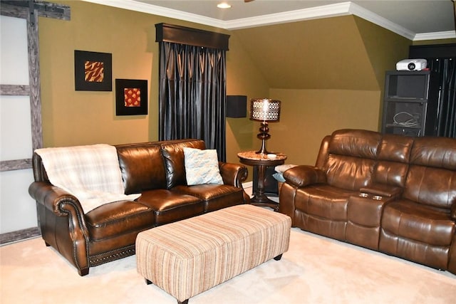 carpeted living room with recessed lighting and ornamental molding