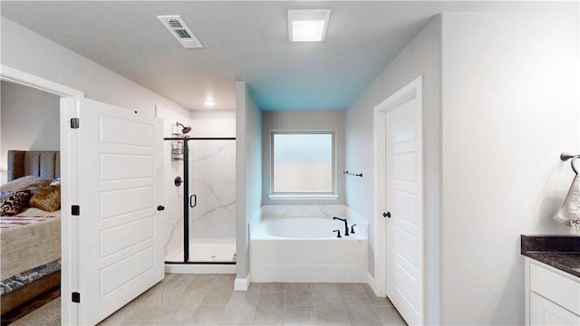 ensuite bathroom featuring a bath, visible vents, a stall shower, vanity, and connected bathroom