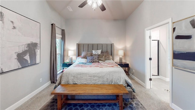 bedroom featuring carpet floors, baseboards, a ceiling fan, and visible vents
