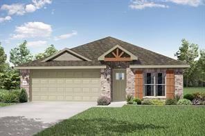 view of front of home featuring concrete driveway, a front lawn, and a garage