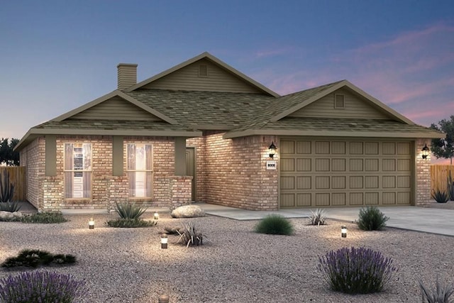 single story home with roof with shingles, brick siding, a garage, a chimney, and concrete driveway