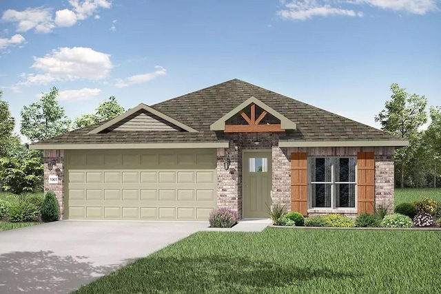 craftsman-style house with brick siding, driveway, roof with shingles, and a garage