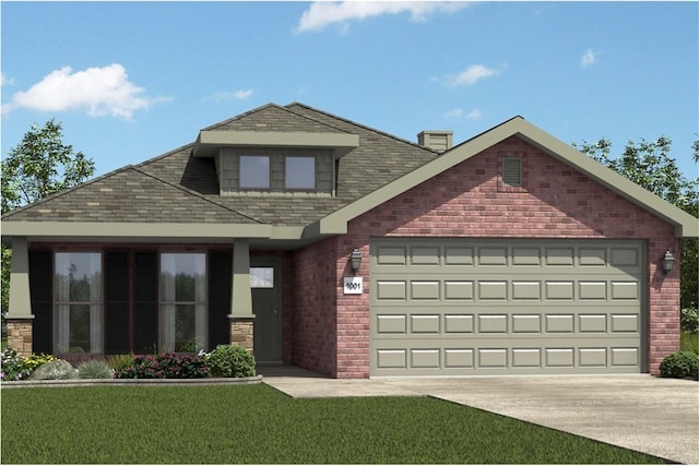 view of front of home with concrete driveway, brick siding, a front yard, and a garage