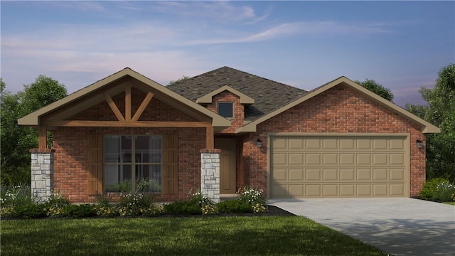 ranch-style home featuring a garage, a lawn, concrete driveway, and brick siding