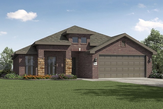 view of front of house with a shingled roof, brick siding, a garage, a front yard, and driveway
