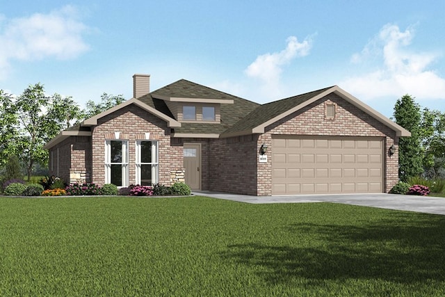 view of front facade featuring a chimney, an attached garage, brick siding, and a front yard