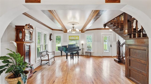 1100 N Lowell Rd, Springdale, AR 72784 - living area featuring stairway, beamed ceiling, light wood-style flooring, and a notable chandelier