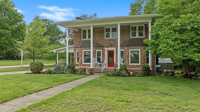 1100 N Lowell Rd, Springdale, AR 72784 - view of front of property with a standing seam roof, a chimney, metal roof, a front yard, and brick siding