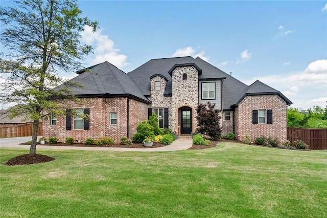 french provincial home with fence, a front yard, and brick siding