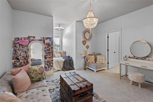 living area with carpet flooring and a notable chandelier
