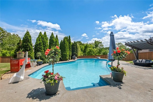 view of pool featuring a patio, a pergola, a fenced in pool, and a fenced backyard