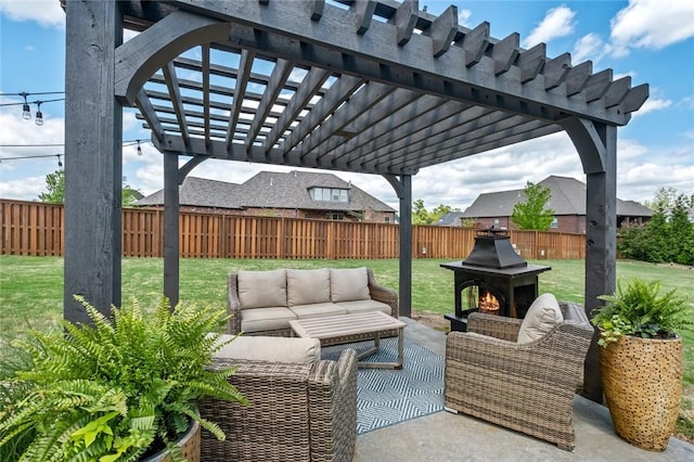 view of patio with a pergola, outdoor lounge area, and a fenced backyard