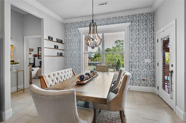 dining area with wallpapered walls, an inviting chandelier, baseboards, and visible vents