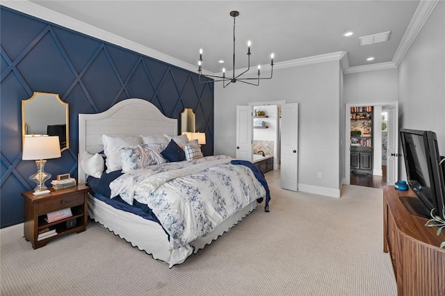 bedroom featuring ornamental molding, baseboards, light colored carpet, recessed lighting, and a chandelier