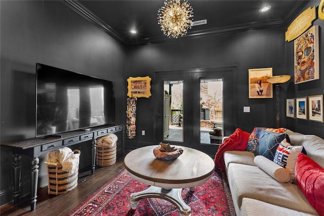 living room featuring crown molding, recessed lighting, french doors, and hardwood / wood-style floors