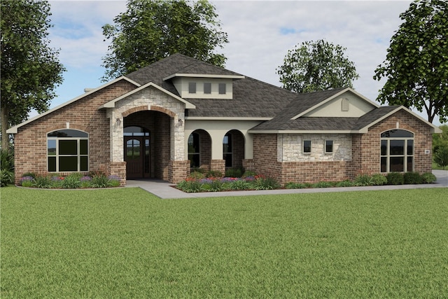 view of front of property featuring a shingled roof, a front lawn, and brick siding