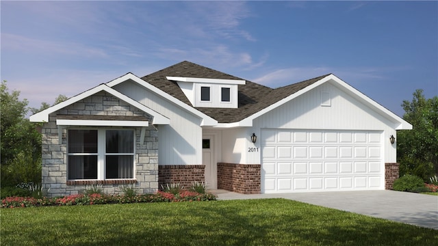 view of front of property featuring concrete driveway, brick siding, a front lawn, and a garage