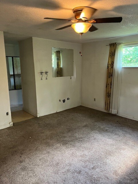 unfurnished room featuring carpet floors, a ceiling fan, and a textured ceiling