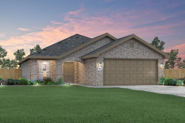 1717 Farmer St, Pea Ridge, AR 72751 - view of front of house featuring brick siding, a garage, fence, and a front yard