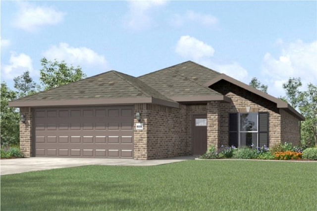 1719 Farmer St, Pea Ridge, AR 72751 - view of front of house featuring driveway, a front yard, a garage, brick siding, and a shingled roof