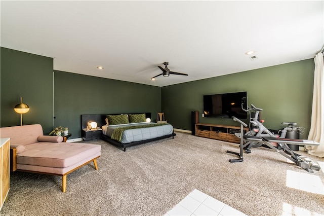 carpeted bedroom with ceiling fan and recessed lighting