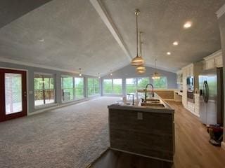 6 Briarwood Ln, Clarksville, AR 72830 - kitchen with stainless steel fridge, a sink, an island with sink, white cabinets, and open floor plan