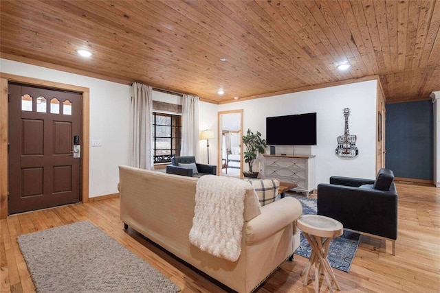 living room featuring recessed lighting, light wood finished floors, baseboards, and wooden ceiling