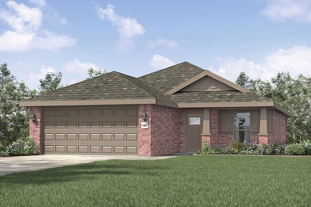 ranch-style house with brick siding, a front lawn, an attached garage, and concrete driveway
