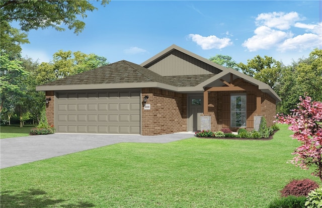 view of front of home featuring an attached garage, a front lawn, and brick siding