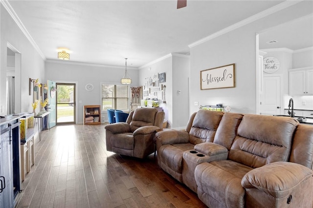 11003 David Ct, Siloam Springs, AR 72761 - living room with baseboards, ornamental molding, dark wood-style flooring, and ceiling fan